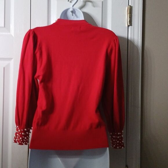 Ontwelfth red holiday with faux pearl neckline and cuffs  Sz M EUC holiday party - Picture 5 of 8